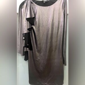 BEBE ADDICTION Elegant Silver/Metallic Dress w/Ruffle Detail (One Long Sleeve) S